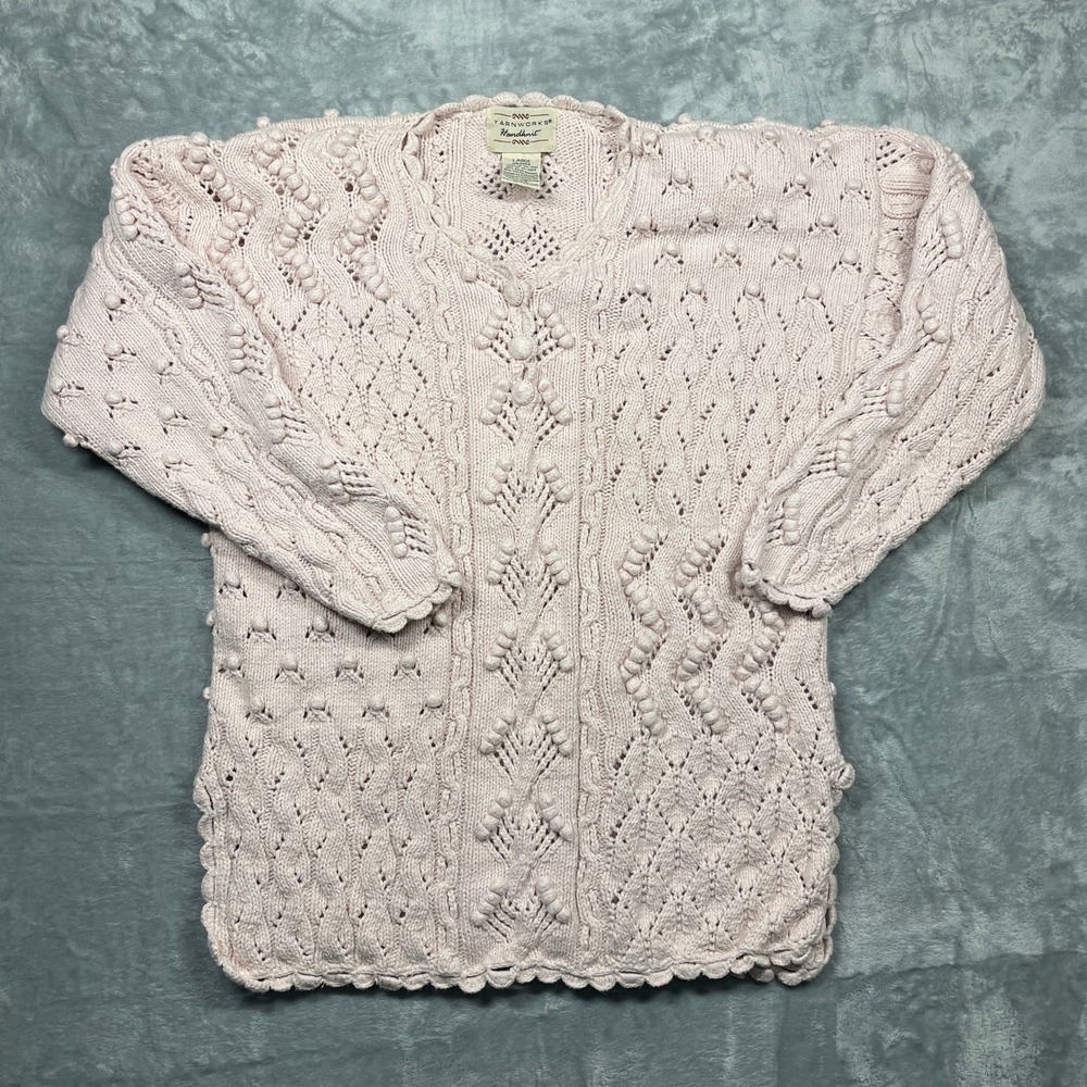 VTG Yarnworks Handknit‎ Sweater Womens Pink Ramie Cotton Popcorn Bobble Large